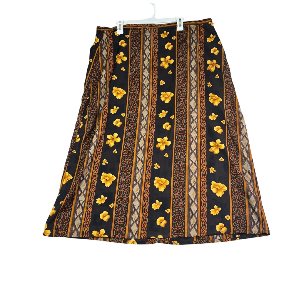 Vintage Y2K Floral Tribal Stripe Midi Skirt Women 3X Black Yellow Tropical Boho